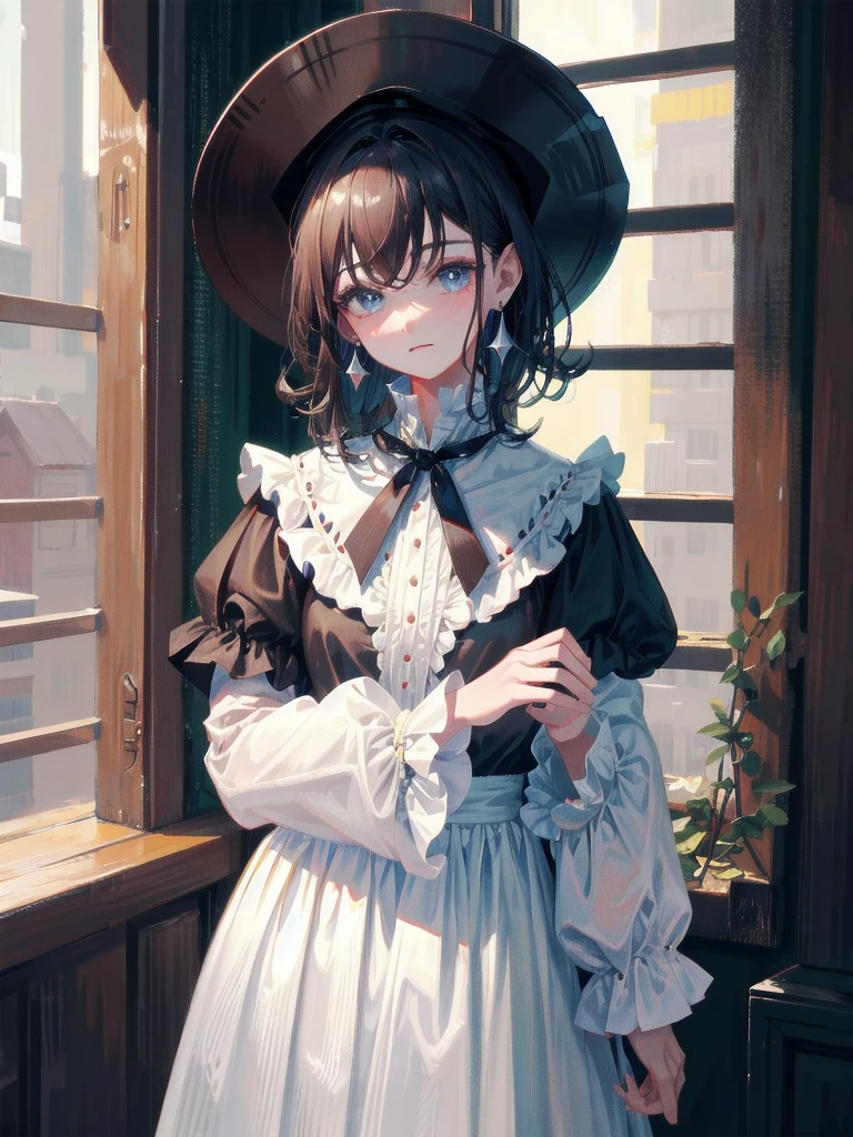 cowboy shot, surcoat, absurdres, RAW photo, extremely delicate and beautiful, masterpiece, Best Quality, ultra high resolution, 32k, hyperrealistic, ultra-detailed, tearful mole, earring, short medium hair, wavy hair,