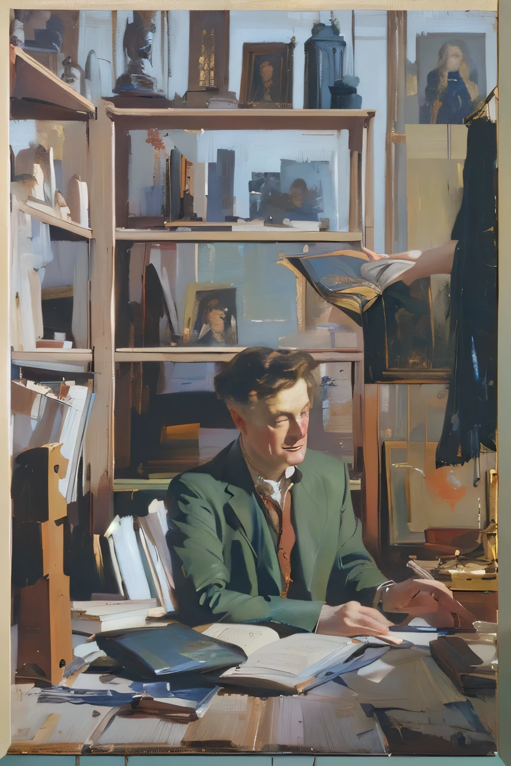 painting of a man sitting at a desk with a book, portrait of a art student, artists portrait, solo portrait, book portrait, gouache on canvas, portrait in center, full portrait, oil on linen, portrait of a museum art curator, botticelli, a painting in the style of thomas w schaller, inverted black and white, revived historic art forms, william russell flint, victorian glasgow