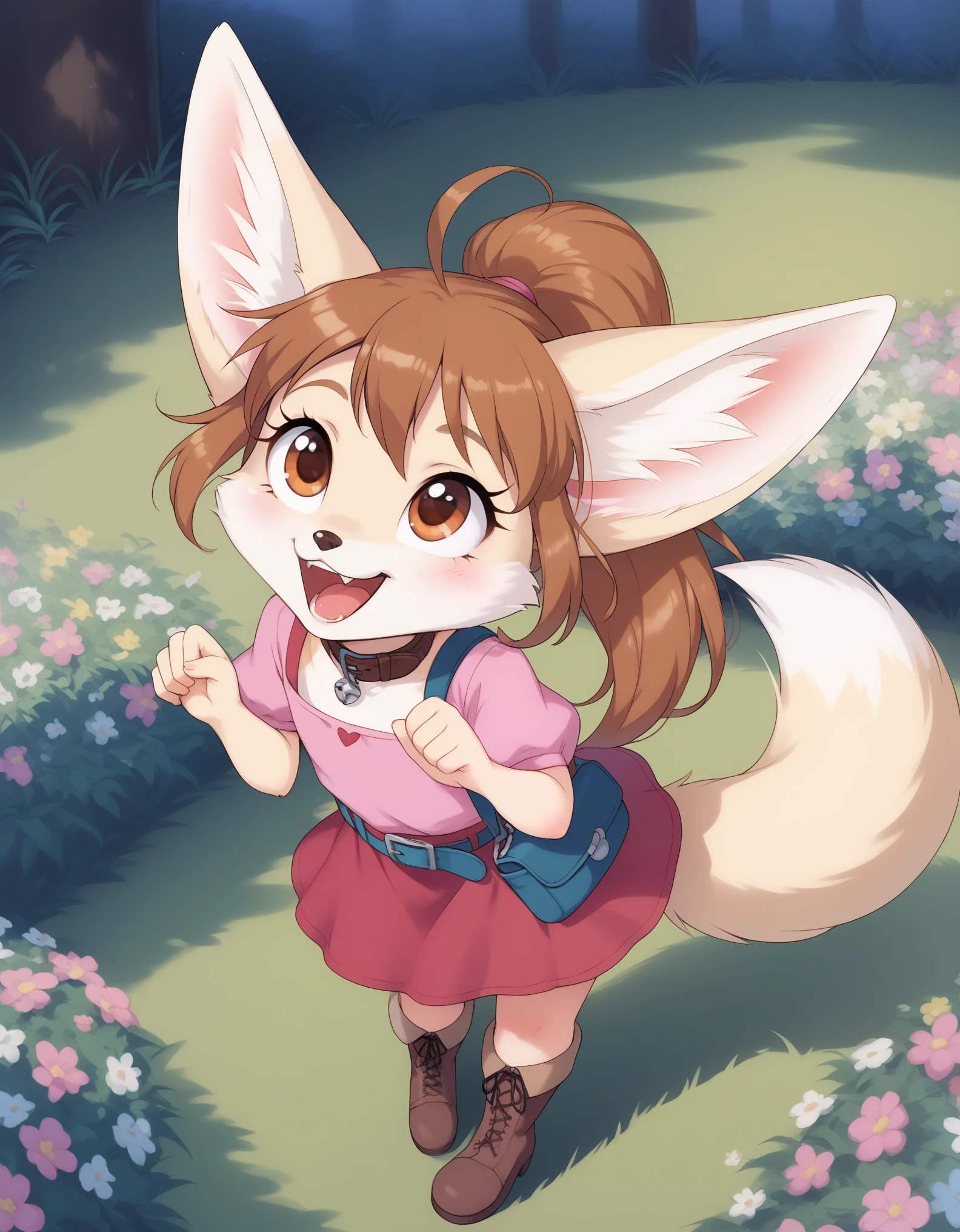 (solo), [a two tailed, female, humanoid fennec fox, vanilla fur, ahoge, brown hair in a long ponytail, flat chested, smaller height, small snout with cat whiskers], [wearing a brown collar, a long red skirt, ((pink shirt)), a belt with a pouch in her waist, brown boots], extremely happy, D:, >:3, in a grass field, surrounded by flowers, by dagasi, by diives, looking up, solo, 