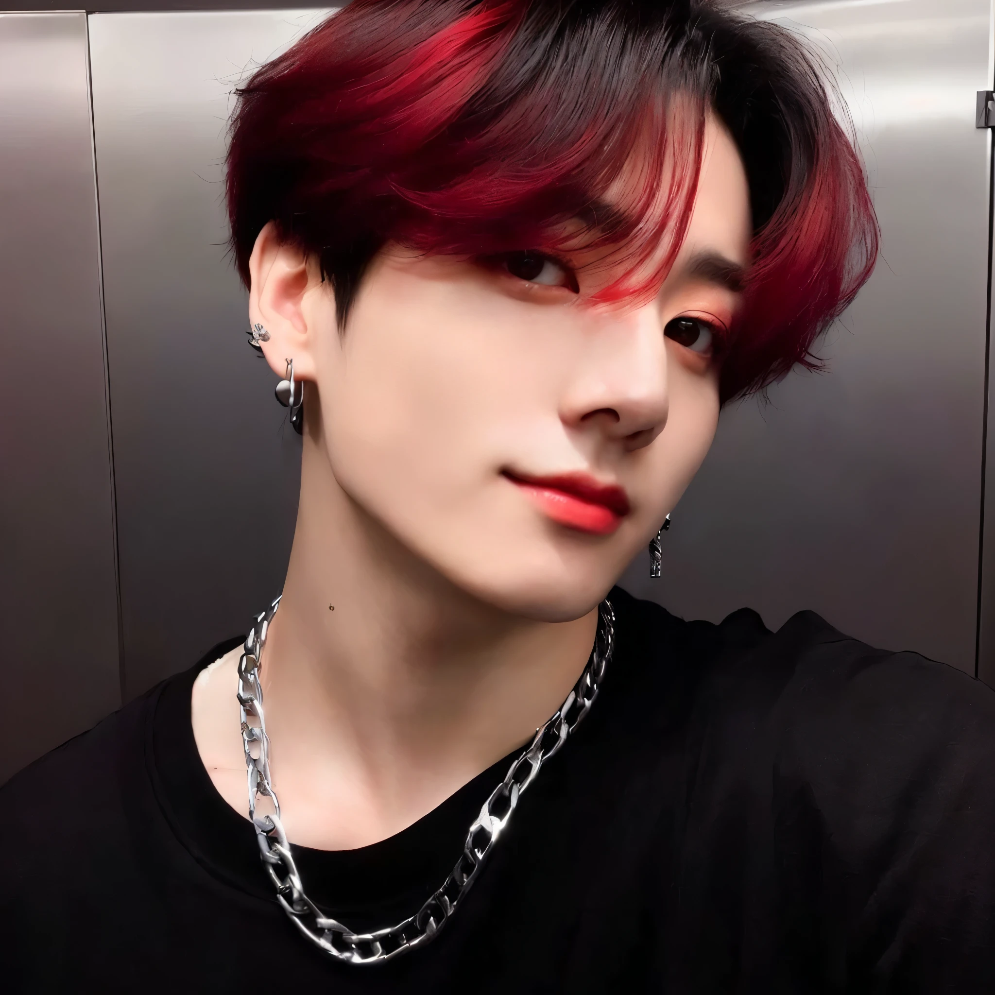 a close-up of a person with a chain around their neck, cai xukun, Jungkook, Kim Doyoung, hyung tae, Jung Jaehyun, pintar ulzzang, Jinyoung Shin, Hong junho hyung, bladee da gangue de drenagem, profile picture with headshot, seus olhos brilhando em vermelho, cor vermelha, your eyes are red and glowing, Tae June Kim, tons de vermelho e preto