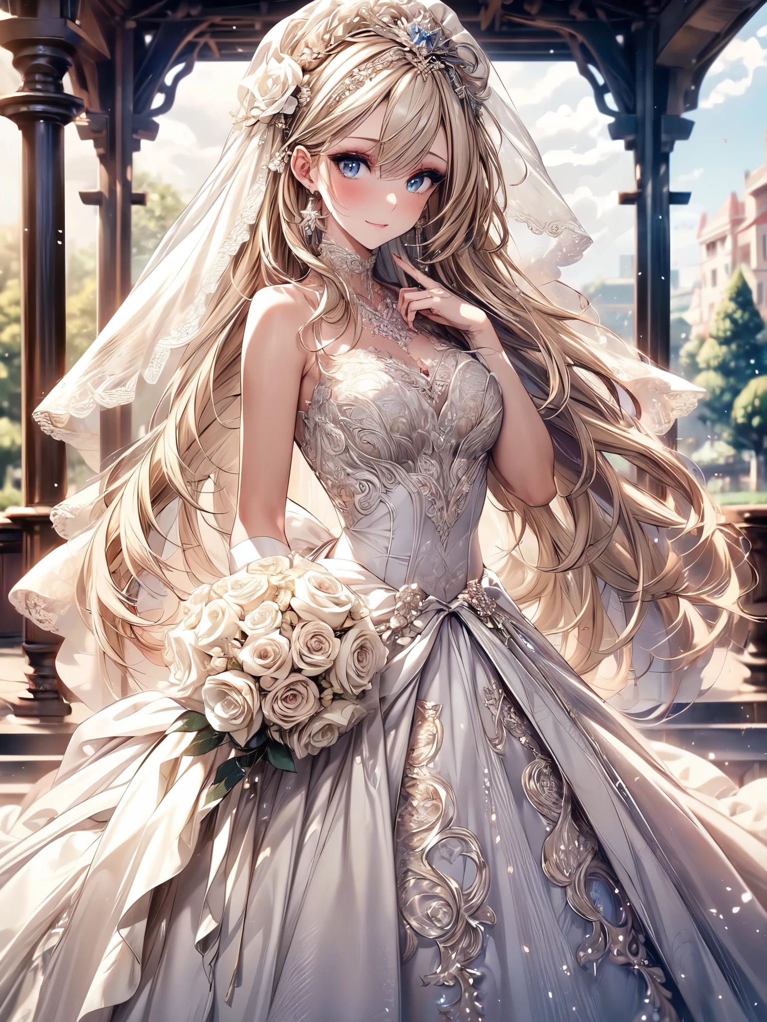 (masterpiece, best quality, beautiful and aesthetic:1.3), looking at viewer, 1girl, solo, light smile, (makeup, long hair, light beige hair, blue eyes:1.2), Octane Render, bridal veil, lace-trimmed dress, see-through, wedding dress, outdoors, white roses, garden, morning, standing, extreme detailed, 