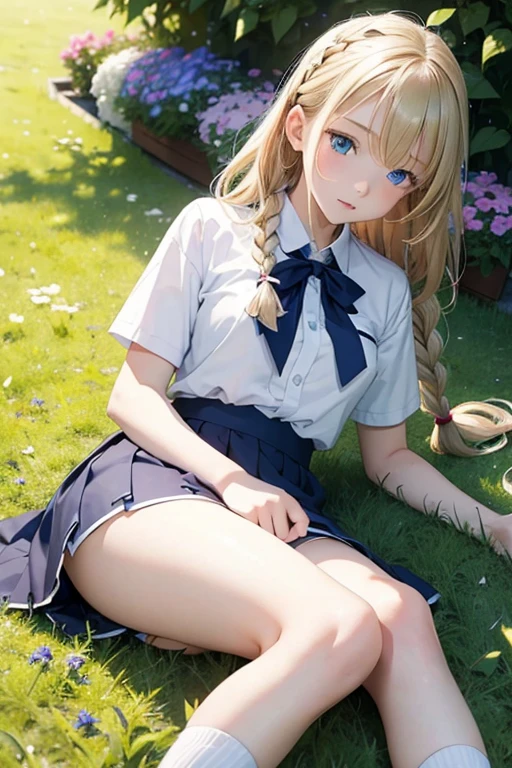 masterpiece, highest quality, High resolution, 14-year-old girl、blue eyes、
blonde, Braiding、uniform, White shirt, Check skirt, White panties、garden、Lying on the grass