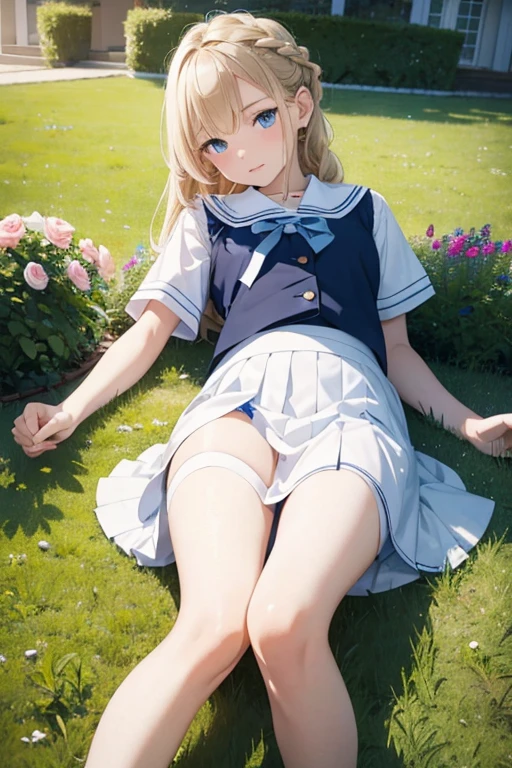 masterpiece, highest quality, High resolution, -yeld giblue eyes、
blonde, Braiding、uniform, White shirt, Check skirt, White panties、garden、Lying on the grass
