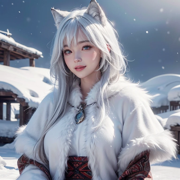 Heavy snowfall,snowing mountain、white wolf、 ((highest quality、masterpiece、8k、best image quality、ultra high resolution、Award-winning work)、(accurate anatomy:1.1)、(look at me and smile:1.1)、Shining fair skin with ultra high resolution、most detailed face、ultra high resolution detailed face、white short hair flowing 、Beautiful face drawn in every detail,Native American fur clothing:1.5, real wolf infront of the girl