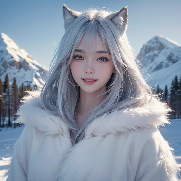 Heavy snowfall,snowing mountain、white wolf、 ((highest quality、masterpiece、8k、best image quality、ultra high resolution、Award-winning work)、(accurate anatomy:1.1)、(look at me and smile:1.1)、Shining fair skin with ultra high resolution、most detailed face、ultra high resolution detailed face、white short hair flowing 、Beautiful face drawn in every detail,Native American fur clothing:1.5, real wolf infront of the girl