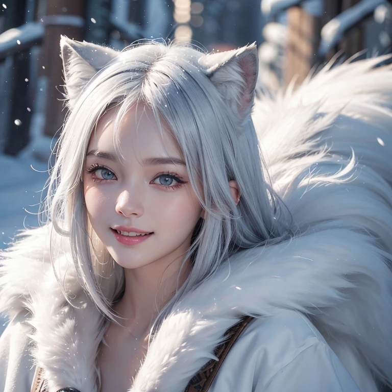 Heavy snowfall,snowing mountain、white wolf、 ((highest quality、masterpiece、8k、best image quality、ultra high resolution、Award-winning work)、(accurate anatomy:1.1)、(look at me and smile:1.1)、Shining fair skin with ultra high resolution、most detailed face、ultra high resolution detailed face、white short hair flowing 、Beautiful face drawn in every detail,Native American fur clothing:1.5, real wolf infront of the girl 