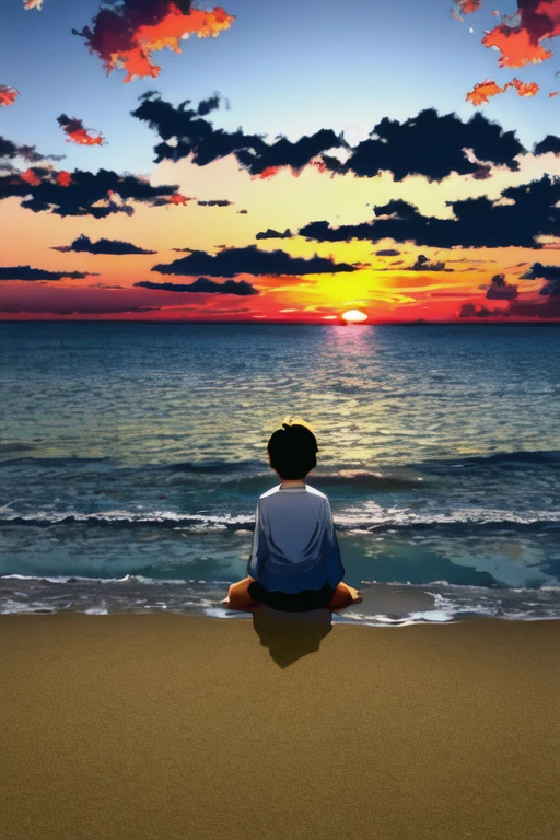 The light of the setting sun reflects fantastically from the seaside and scatters、Boy watching the situation against the background of flying lights
