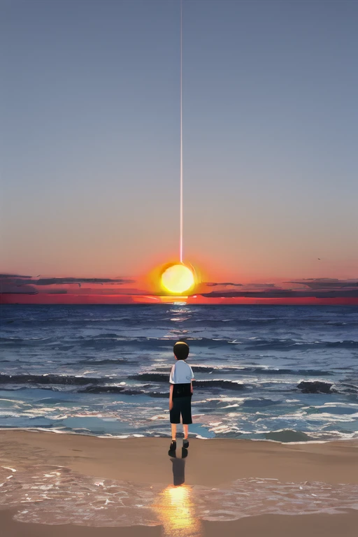 The light of the setting sun reflects fantastically from the seaside and scatters、Boy watching the situation against the background of flying lights