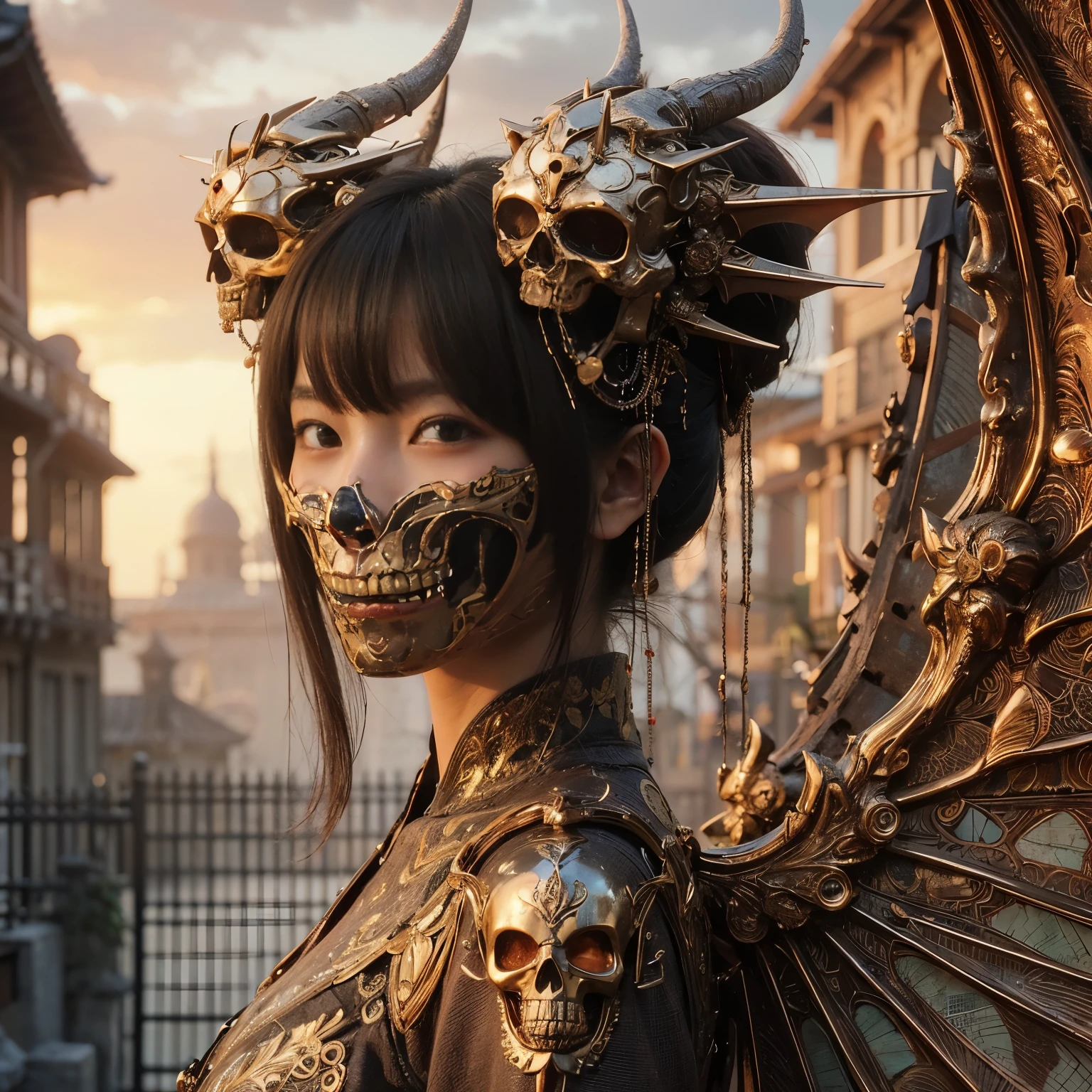 (masterpiece、highest quality、Realistic photos)、A very cute Japanese woman、(Brown skin:1.4)、A complex copper and brass mechanical armor with a skull motif.、Bat Wings、White tone、Blue accents、foot、Extremely intricate details、Posing on the medieval castle walls at sunset、Full Body Shot、Minimum 4 or more generated