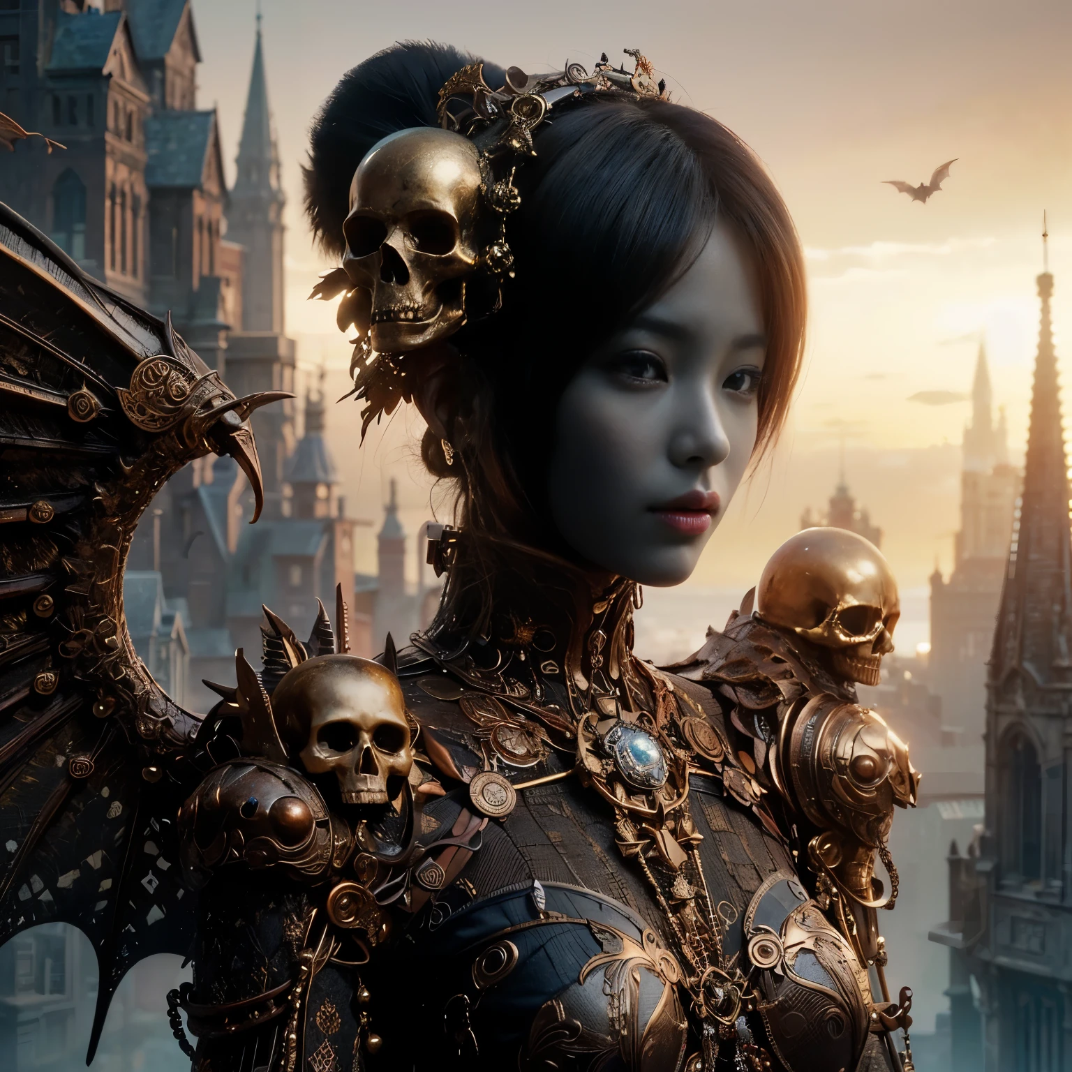 (masterpiece、highest quality、Realistic photos)、A very cute Japanese woman、(Brown skin:1.4)、A complex copper and brass mechanical armor with a skull motif.、Bat Wings、White tone、Blue accents、foot、Extremely intricate details、Posing on the medieval castle walls at sunset、Full Body Shot、Minimum 4 or more generated