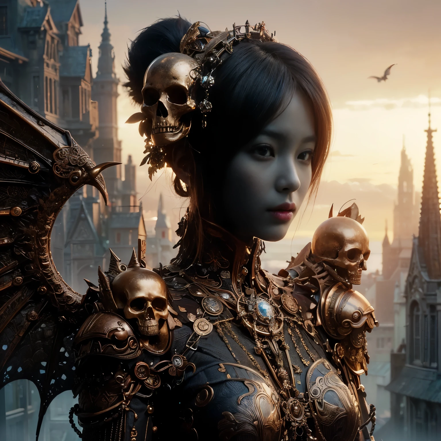 (masterpiece、highest quality、Realistic photos)、A very cute Japanese woman、(Brown skin:1.4)、A complex copper and brass mechanical armor with a skull motif.、Bat Wings、White tone、Blue accents、foot、Extremely intricate details、Posing on the medieval castle walls at sunset、Full Body Shot、Minimum 4 or more generated