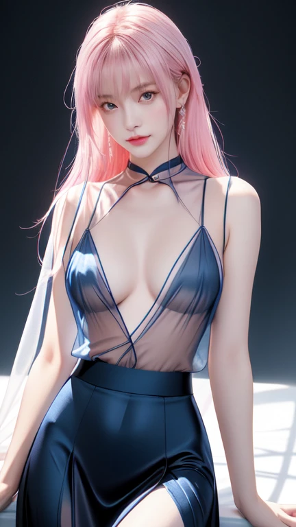8K Ultra HD、Digital SLR Camera、soft light、high quality、Volumetric Lighting、frank、photo、high resolution、4K、8k、Bokeh,The eyes and face are very detailed,Clear eyes,Delicateeyes, Delicate lips, Show a sexy smile, Pretty Face, Create stunning girl images, warm color, Very high color saturation,The legs look very long from the front,dynamic poses,Normal posture,21-year-old Chinese female model,Golden Ratio, Minimalism,Transparent and visible skin, Navy blue clothing,Sheer silk shirt,Transparent silk maxi skirt,Transparent underwear,Pink Hair、Invisible cyberpunk hairstyle,Cleavage、Exposed breasts、sexy、very detailed breasts, d cup size,black background
