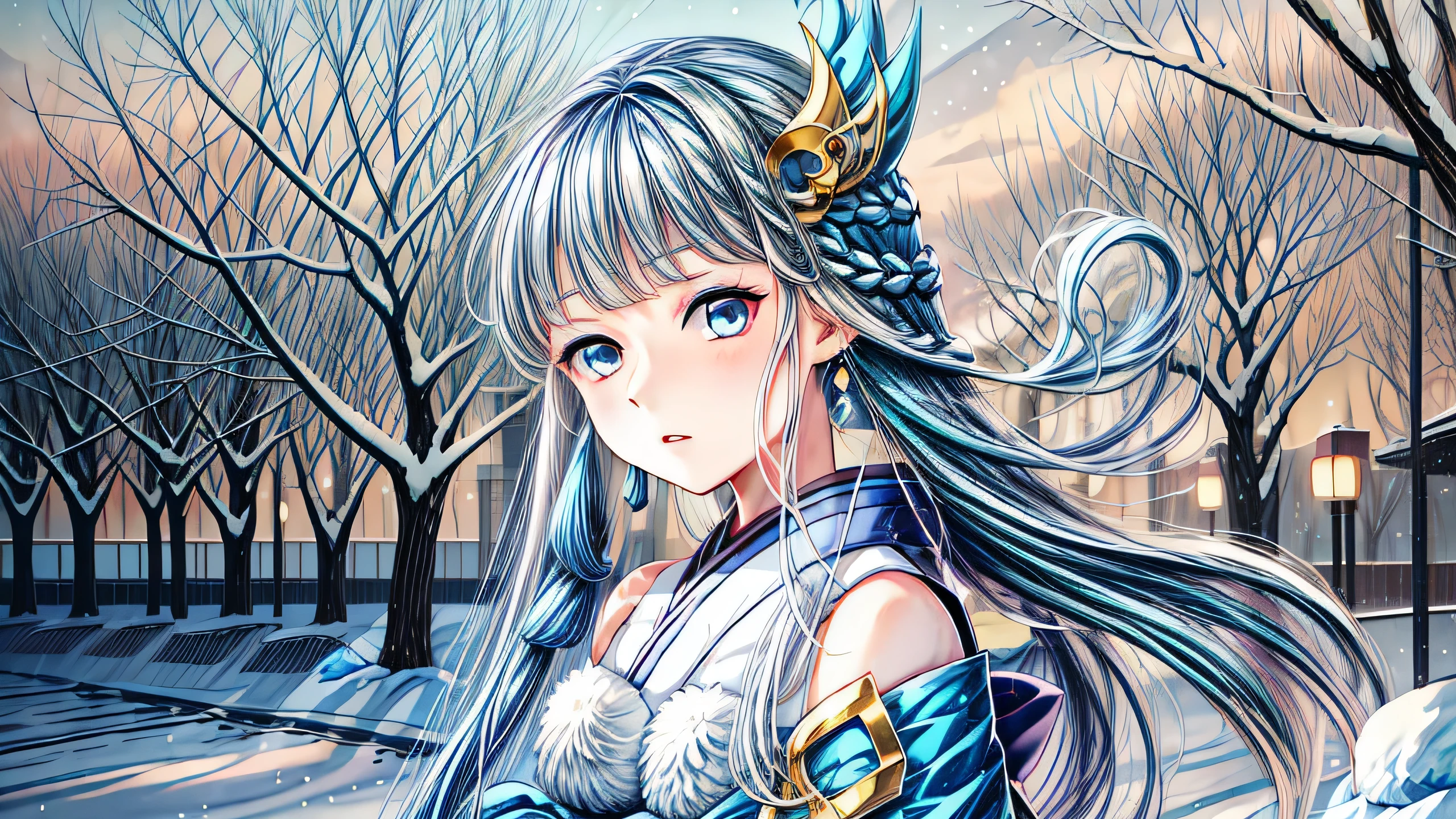 Chica anime,  4k,  anime wallaper, 1girl,solo, Japanese kimono, bare shoulder, light blue hair, extremely long hair, blue eyes, hair ornament, blue ribbon, blue earring, winter, ice, snow, 