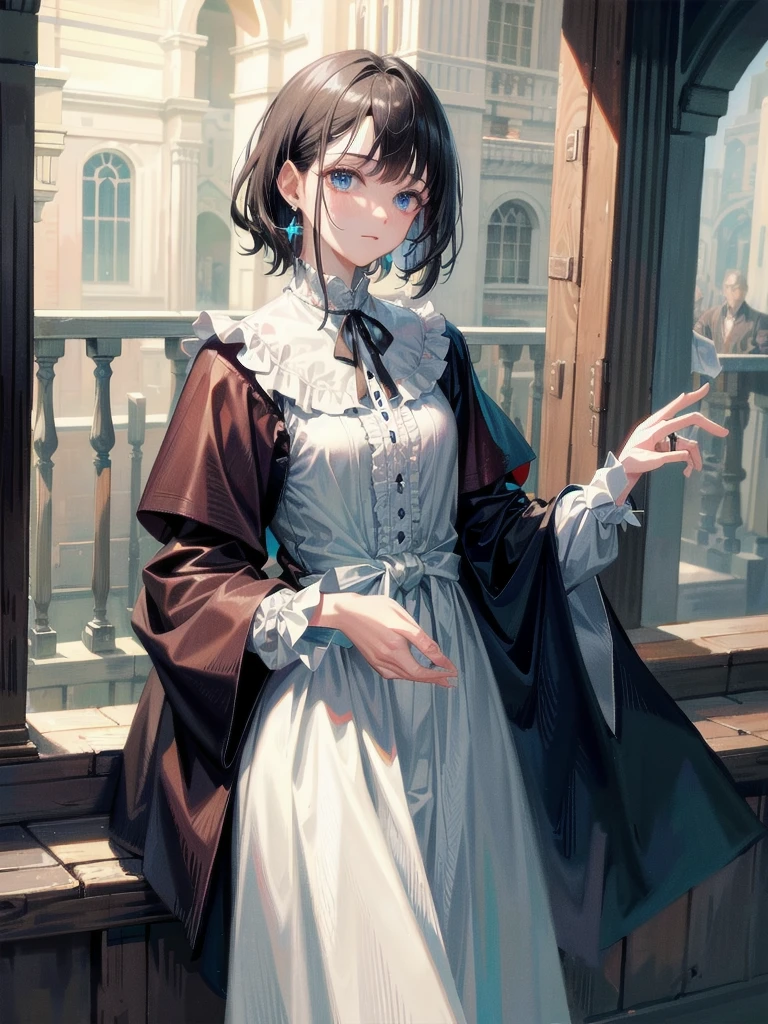 cowboy shot, surcoat, absurdres, RAW photo, extremely delicate and beautiful, masterpiece, Best Quality, ultra high resolution, 32k, hyperrealistic, ultra-detailed, tearful mole, earring, short medium hair, wavy hair,