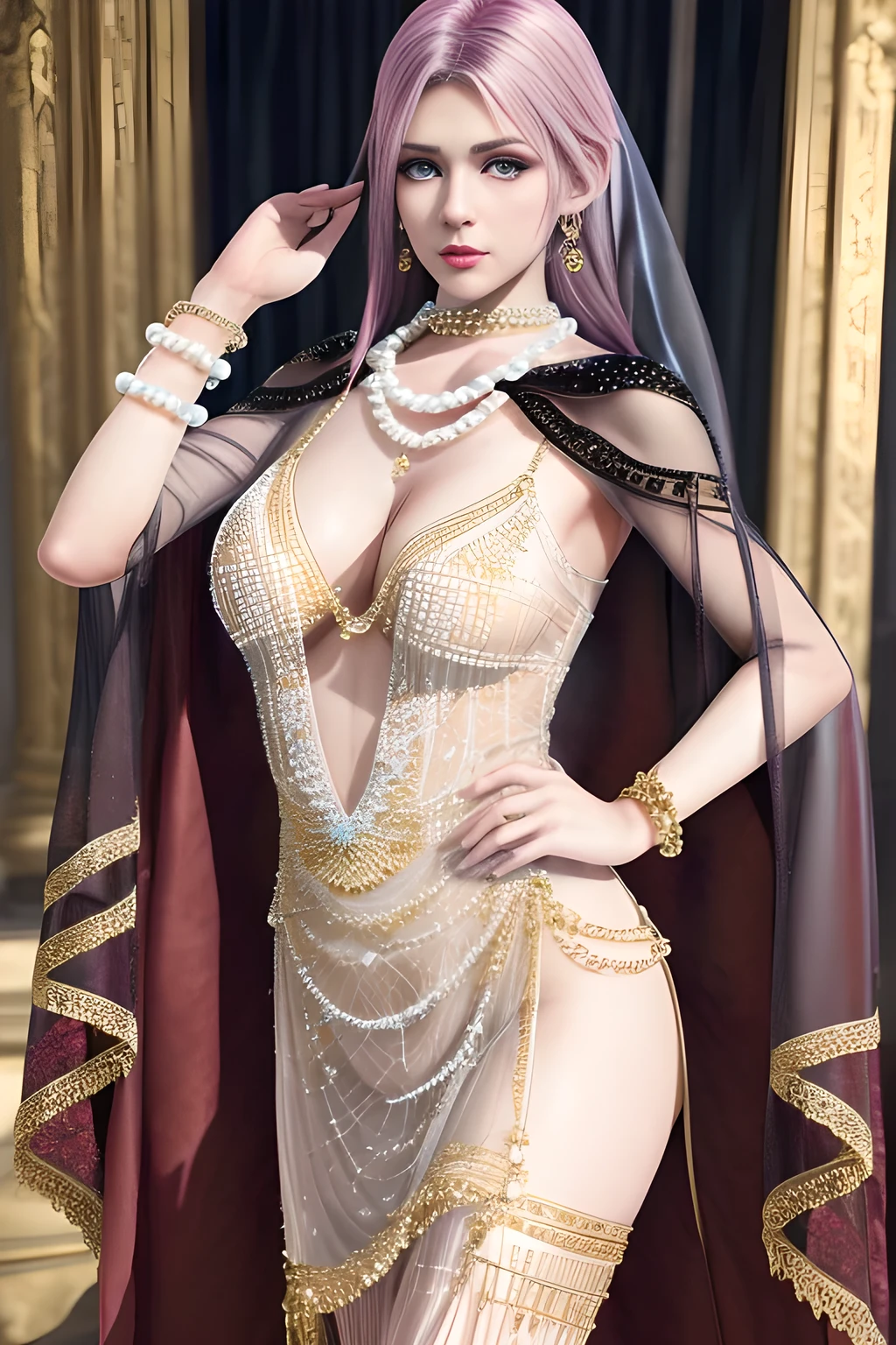 1girl,beautiful detailed eyes,beautiful detailed lips,extremely detailed eyes and face,long eyelashes,(Wearing Ice-crystal embellished dress:1.2),(Wearing Jewel:1.2),(lace_cloak:1.3),(Fluffs),(pearl bodychain:1.3),mesh pantyhose,(best quality,4k,8k,highres,masterpiece:1.2),ultra-detailed,(realistic,photorealistic,photo-realistic:1.37),elaborate makeup,elegant pose,fashion,model,glamour,high fashion,runway look,  elise,