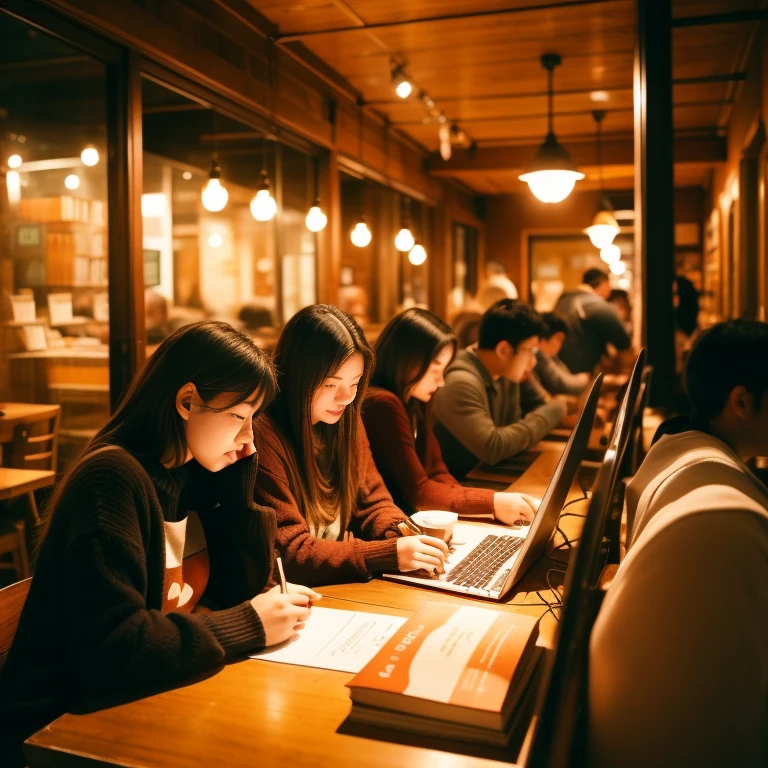 Cozy autumn cafe interior with warm lighting, Pumpkin Spice Latte, Read books、People working on laptops々.