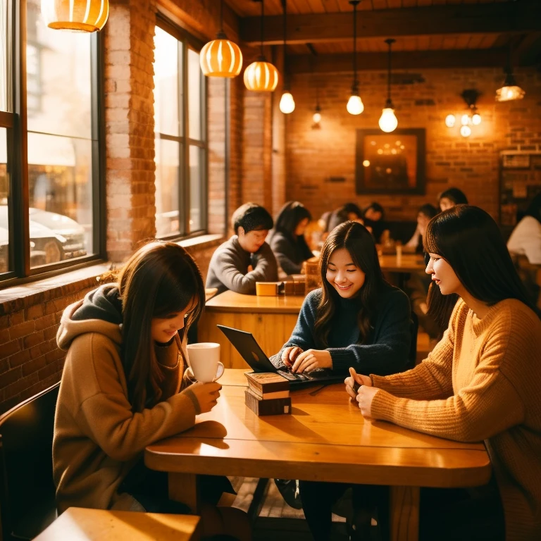 Cozy autumn cafe interior with warm lighting, Pumpkin Spice Latte, Read books、People working on laptops々.