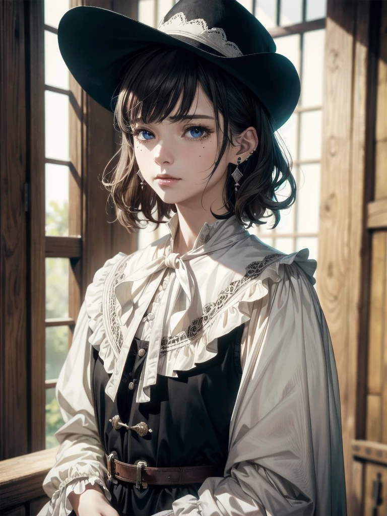 cowboy shot, surcoat, absurdres, RAW photo, extremely delicate and beautiful, masterpiece, Best Quality, ultra high resolution, 32k, hyperrealistic, ultra-detailed, tearful mole, earring, short medium hair, wavy hair,