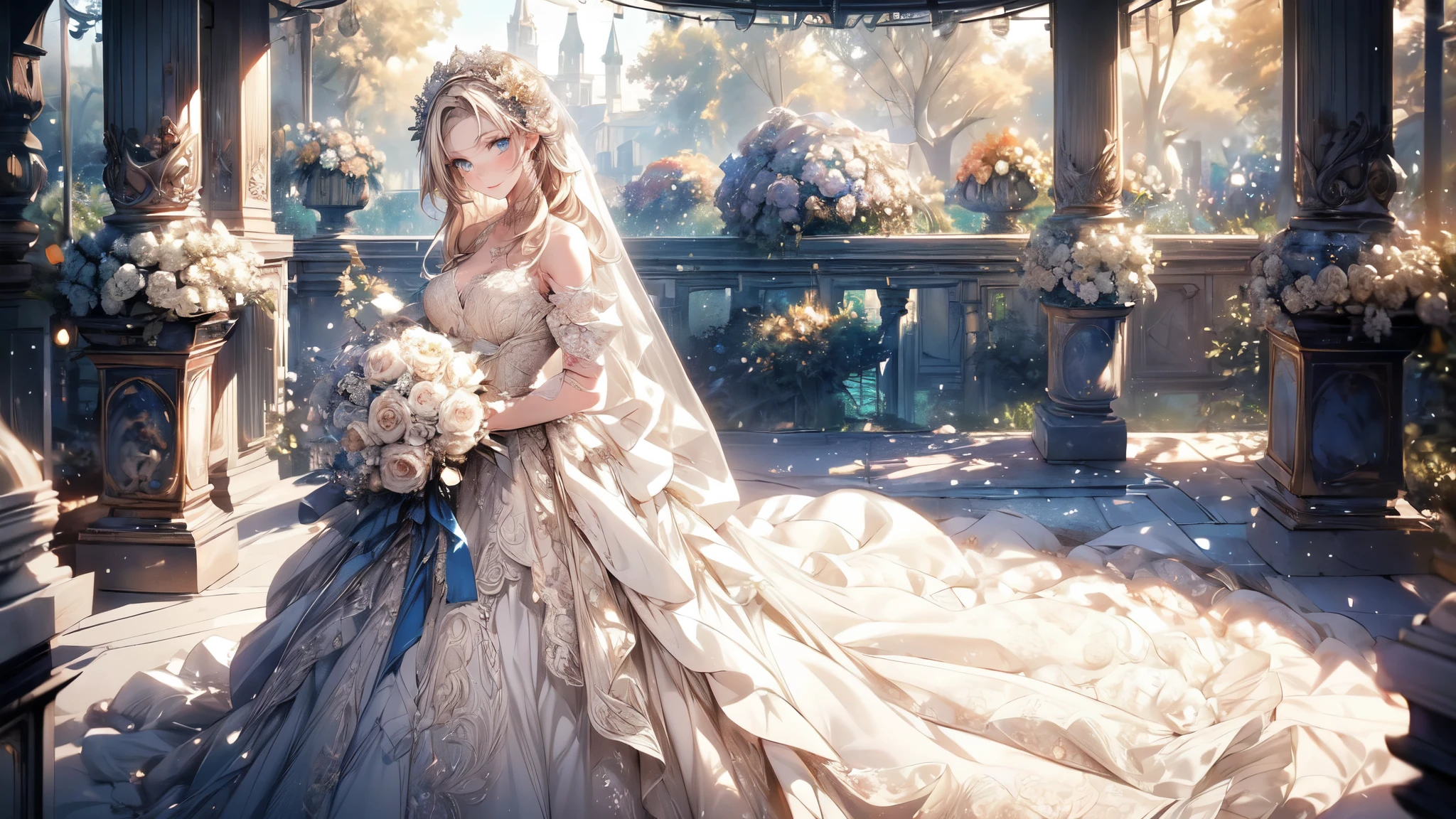 (masterpiece, best quality, beautiful and aesthetic:1.3), looking at viewer, 1girl, solo, light smile, (makeup, long hair, light beige hair, blue eyes:1.2), Octane Render, bridal veil, lace-trimmed dress, see-through, wedding dress, outdoors, white roses, garden, morning, standing, extreme detailed,