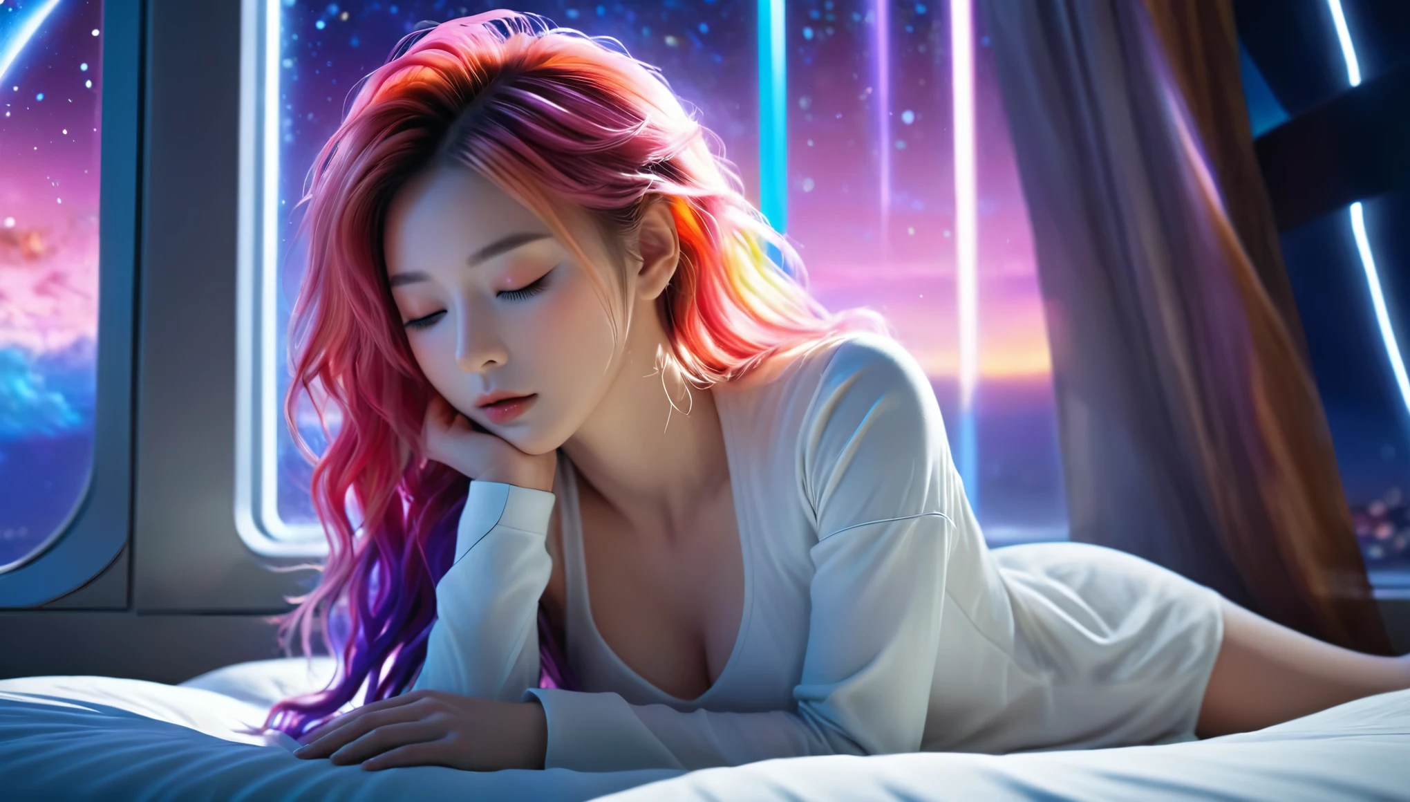 (best quality,8k,ultra-detailed:1.2),(CG,CG art,3D rendering),(masterpiece:1.2),(Crawling on the table),(Sexy clothing),(movie lighting,futuristic),(woman lying in bed,sleeping,closed eyes),(large window behind her,tranquil night),(colorful hair:1.5)