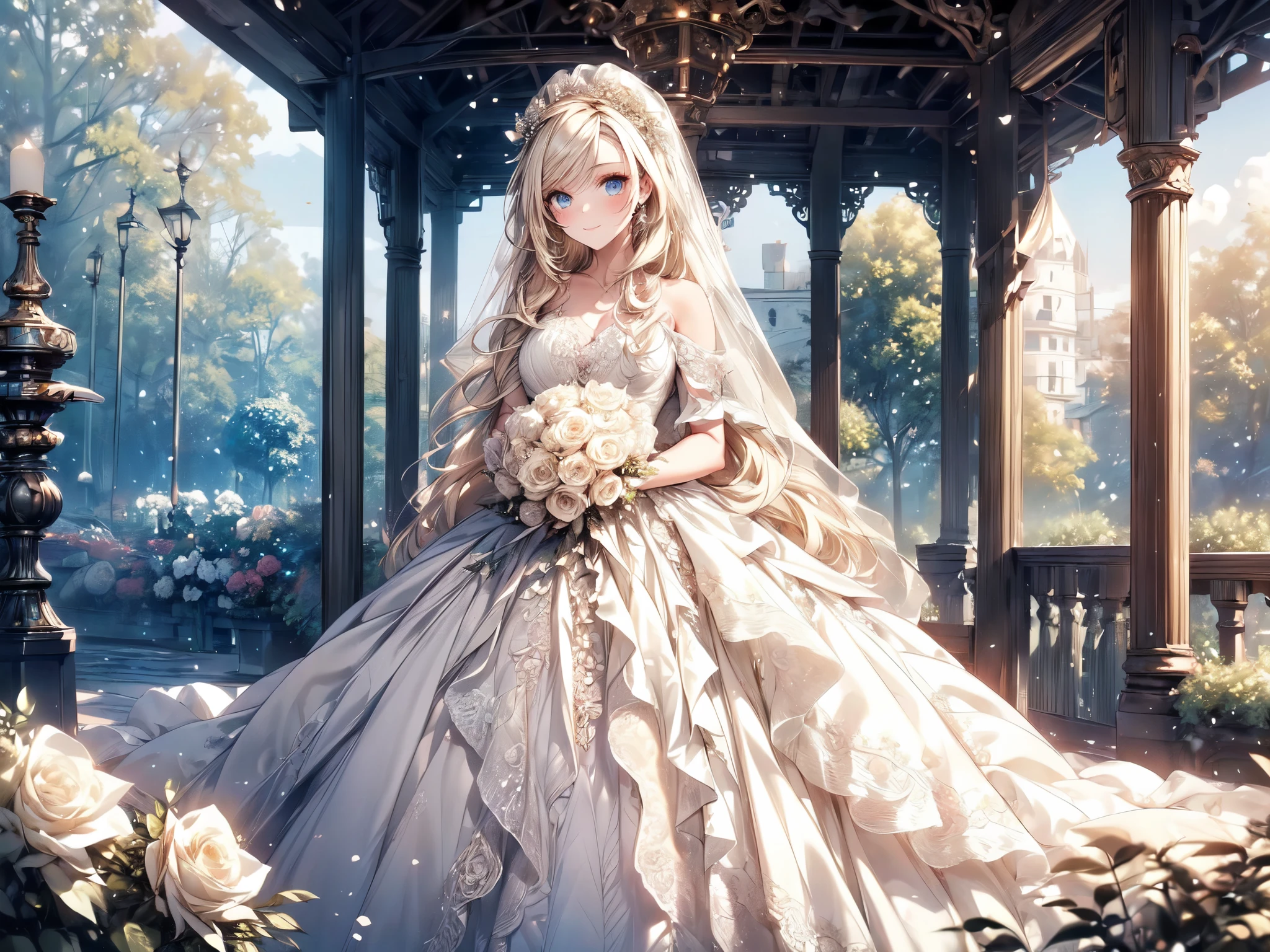 (masterpiece, best quality, beautiful and aesthetic:1.3), looking at viewer, 1girl, solo, light smile, (makeup, long hair, light beige hair, blue eyes:1.2), Octane Render, bridal veil, lace-trimmed dress, see-through, wedding dress, outdoors, white roses, garden, morning, standing, extreme detailed,