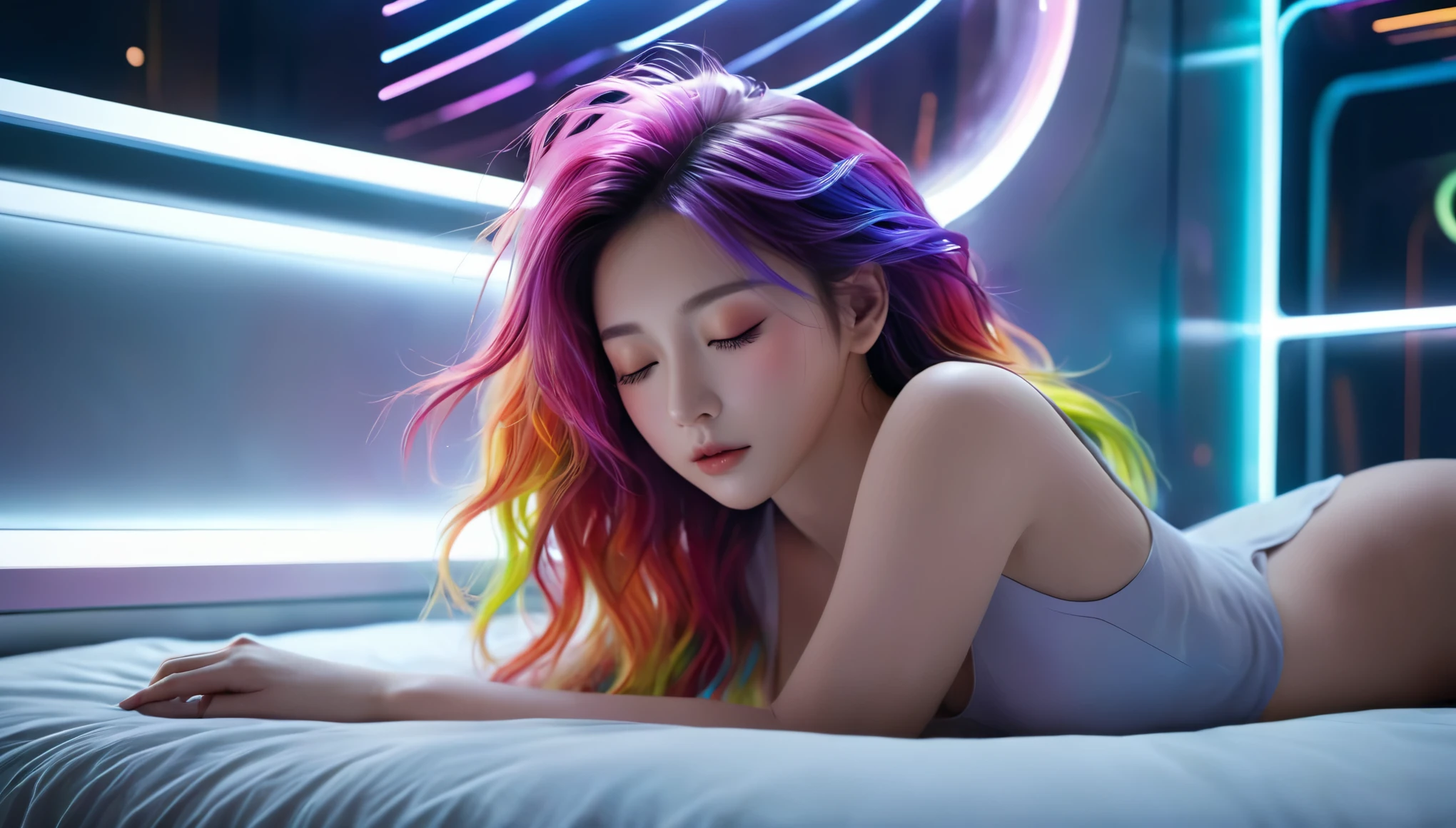 (best quality,8k,ultra-detailed:1.2),(CG,CG art,3D rendering),(masterpiece:1.2),（Crawling on the table），（Sexy clothing），(movie lighting,futuristic),(woman lying in bed,sleeping,closed eyes),(large window behind her,tranquil night),(colorful hair:1.5)