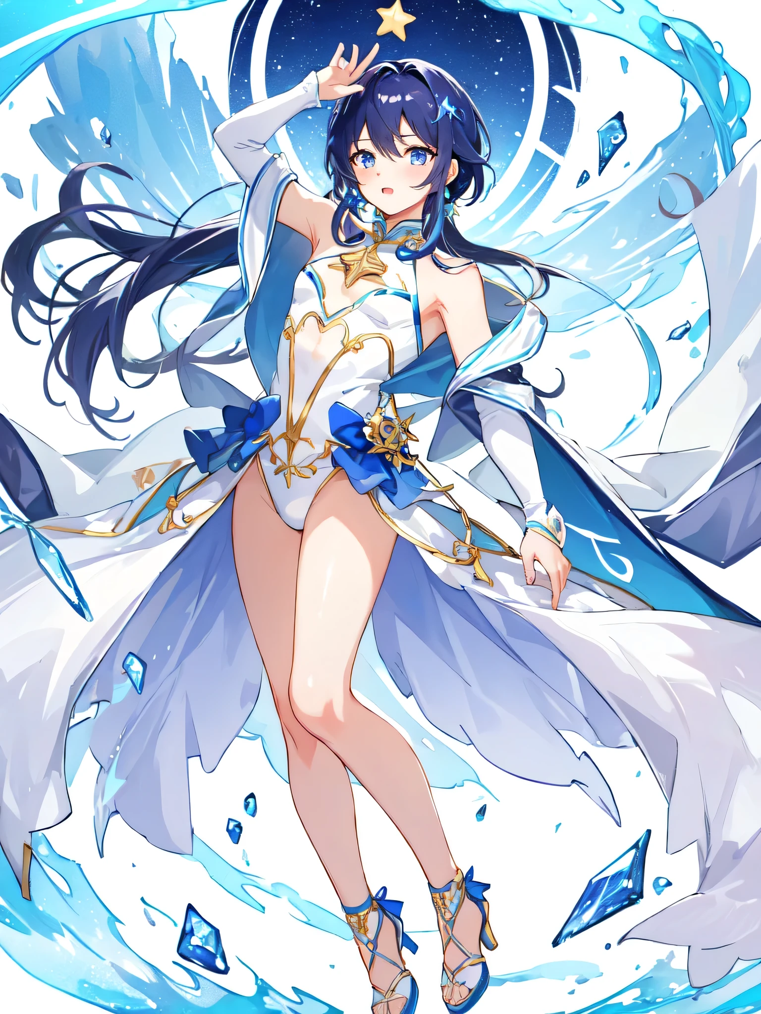 Close up of a cartoon male character in a white and blue leotard dress、Boy with long dark blue hair、Boy with long light purple hair、Blue Eyed Boy、solo、Zodiac Boy、Magic Boy、portrait Zodiac Boy、Sapphire Prince、Long legs、blue Scales and a blue ribbon covering his chest、Bare shoulders、Bare legs、Bare thighs、White high heels、Blue leotard underwear、!!Full body portrait!!、 Magic Boyのスタイル、Magical Aura、Heavenly Aura、ice aura、Anime Prince、Naughty anime style、Hymn to the King as a Prince、