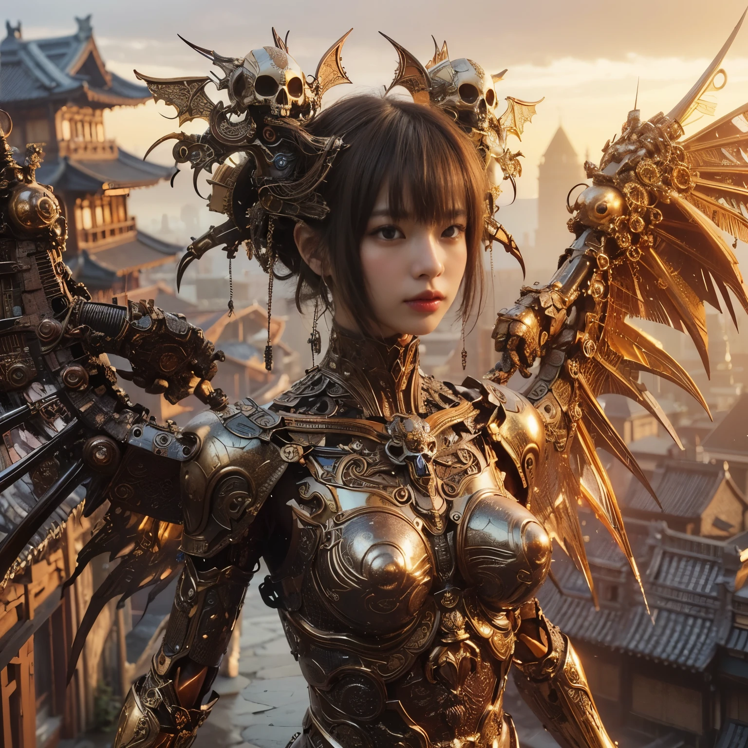 (masterpiece、highest quality、Realistic photos)、A very cute Japanese woman、(Brown skin:1.4)、A complex copper and brass mechanical armor with a skull motif.、Bat Wings、White tone、Blue accents、foot、Extremely intricate details、Posing on the medieval castle walls at sunset、Full Body Shot、Minimum 4 or more generated