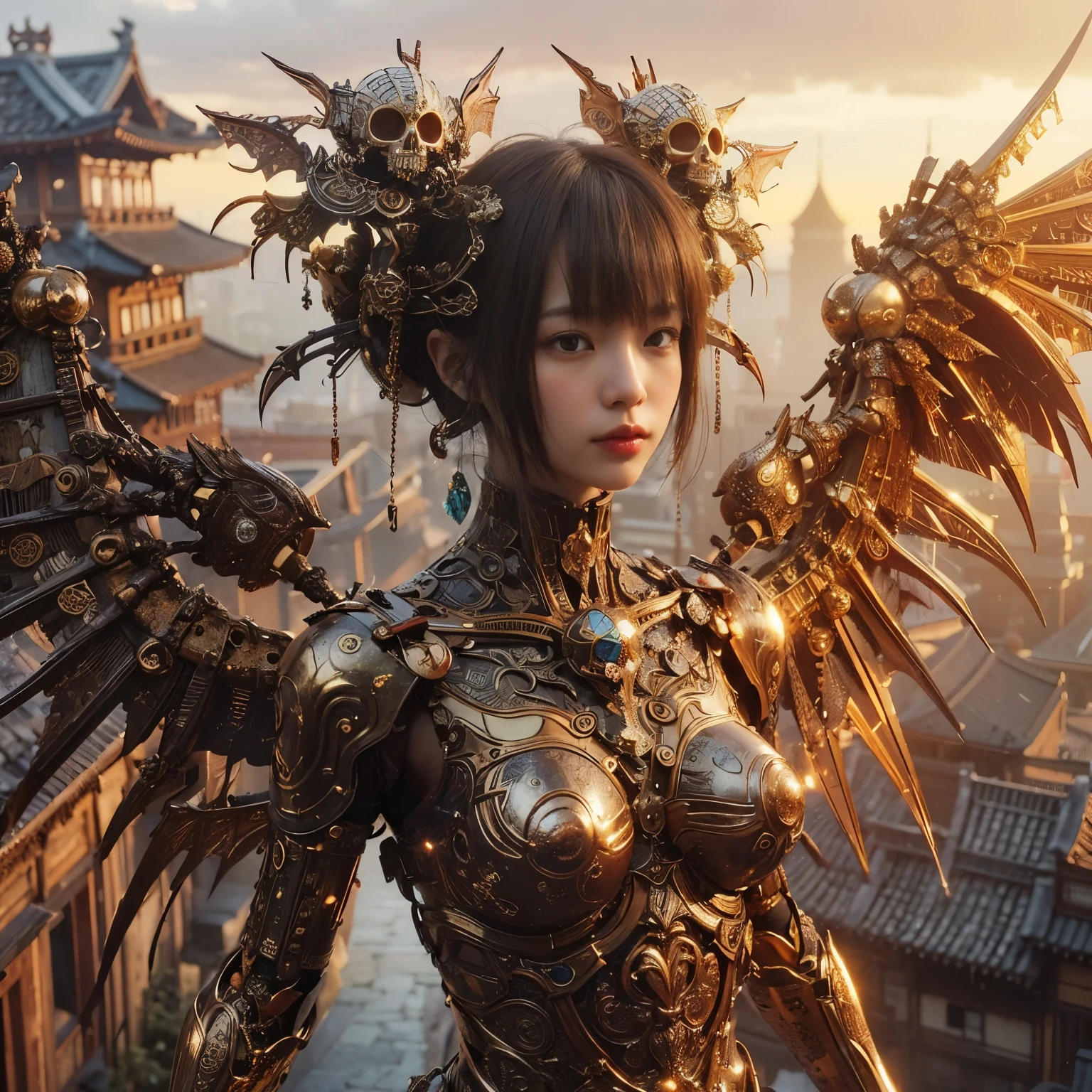 (masterpiece、highest quality、Realistic photos)、A very cute Japanese woman、(Brown skin:1.4)、A complex copper and brass mechanical armor with a skull motif.、Bat Wings、White tone、Blue accents、foot、Extremely intricate details、Posing on the medieval castle walls at sunset、Full Body Shot、Minimum 4 or more generated