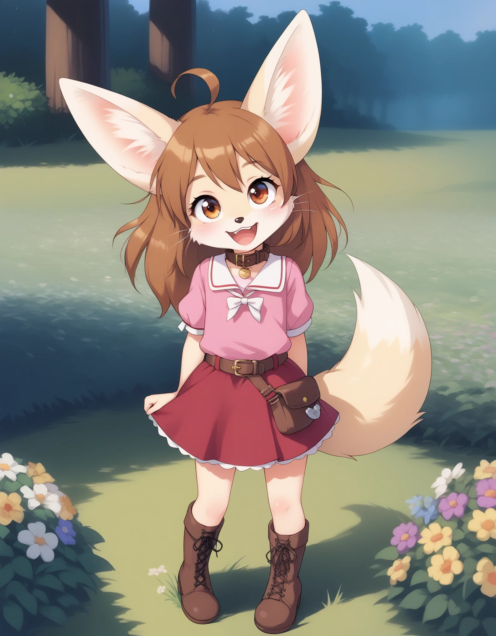 (solo), [a two tailed, female, humanoid fennec fox, vanilla fur, ahoge, brown hair in a long ponytail, flat chested, smaller height, small snout with cat whiskers], [wearing a brown collar, a long red skirt, ((pink shirt)), a belt with a pouch in her waist, brown boots], extremely happy, D:, >:3, in a grass field, surrounded by flowers, by dagasi, by diives, looking up, solo, 