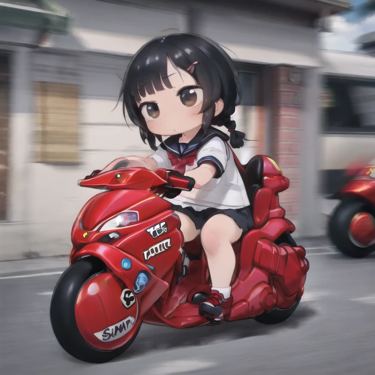 masterpiece,high quality, 1 girl,(serafuku:1.2),Sitting,Lean back;Put your foot forward, 10-year-old female,Thick eyebrows,Droopy eyes, Baby Face,Round face,Big round eyes,Braiding, Short pigtails, Blunt bangs,Black Hair,Brown eyes,Very short stature,Very thin limbs,Sailor suit,mini skirt,White panties,kanedabike,Large scooter,Very low seat,Low vehicle height,One step ahead,