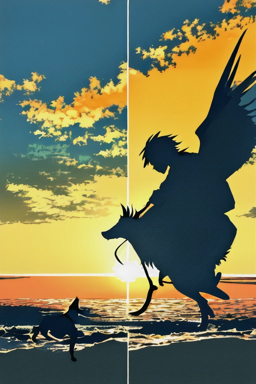 The light of the setting sun reflects fantastically from the seaside and scatters、Silhouette of a man walking a dog against a background of flying lights