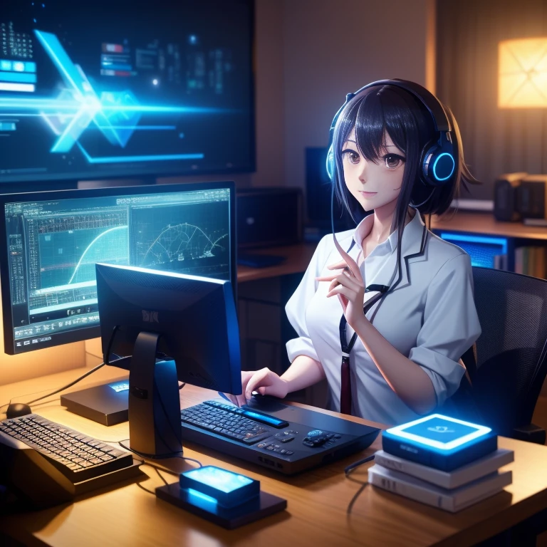 Cartoon character sitting at a desk with a computer and a cup, Digital anime illustration, With index finger, Visual novel key visual, Visual Novel CG, Anime Style, Anime Moe Art Style, Smooth anime CG art, In front of the computer, High quality anime art style, Official studio anime stills, 4K Manga Wallpapers, Official anime stills, Digital Manga Art