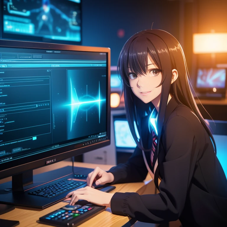 Cartoon character sitting at a desk with a computer and a cup, Digital anime illustration, With index finger, Visual novel key visual, Visual Novel CG, Anime Style, Anime Moe Art Style, Smooth anime CG art, In front of the computer, High quality anime art style, Official studio anime stills, 4K Manga Wallpapers, Official anime stills, Digital Manga Art