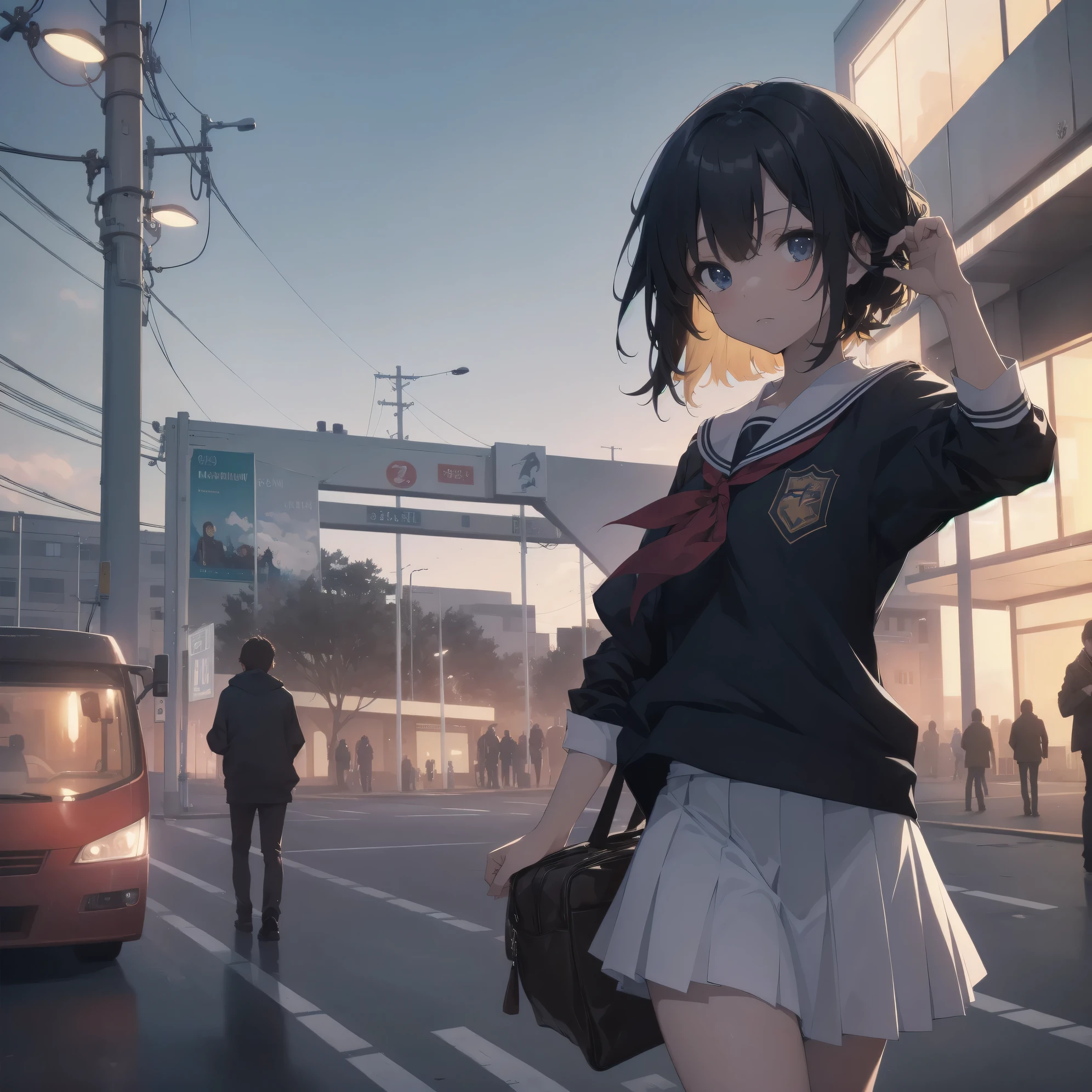 ultra-absurdres-Top quality by artist God, ultra-detailed, high resolution, anime moe artstyle, best anime 8k konachan wallpaper, pixiv contest winner, pool:2810, perfect ???????,break, 1girl, (Please draw a girl walking sleepily to school alone. )break,(Solo,little female, 13-year-old:1.3),Full limbs, complete fingers,a junior high school student, (very short hair), short cut, flat chest, , small butt, small black eyes, beautiful detailed eyes, well-proportioned iris and pupils, expressive eyes, highres detailed hair, soft expression, salor school_uniform, sailor collar, serahuku, bow, pleated skirt,(Detailed Lighting), (Detailed background), in the School commute route. break,super detailed skin, Best cinematic lighting powered by famous artist, 8k,beauty illustration,photoshop_(medium),very aesthetic,break,((artist:carnelian )), artist:akinashi yuu ,artist:oyari ashito ,artist:kantoku ,
