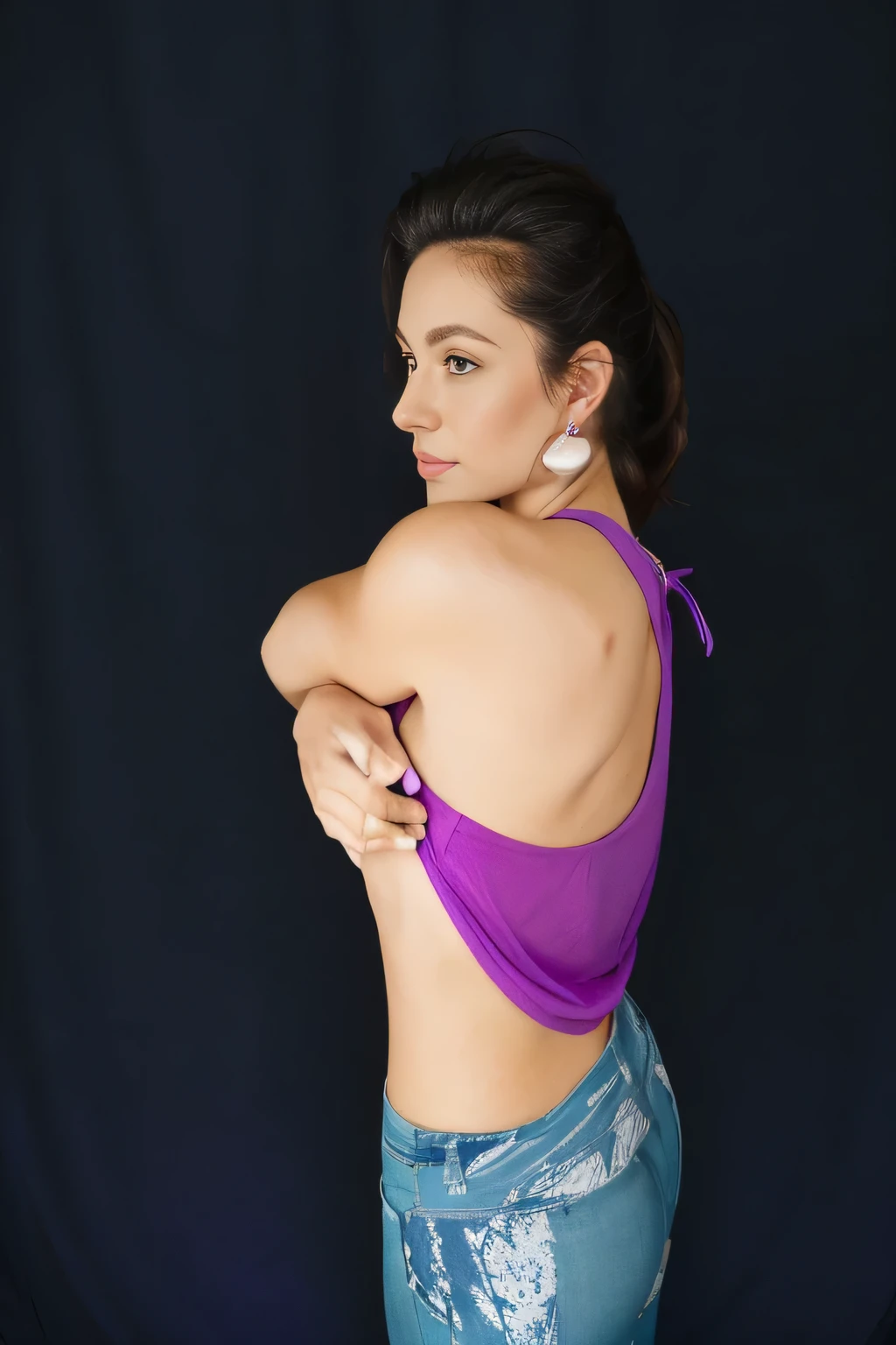 arafed woman in a purple top and blue pants posing for a picture, showing her shoulder from back, photo from the back, arms behind back, view from the back, hunched shoulders, arms to side, bendover posture, seen from the back, side pose, photo taken from behind, back pose, photographed from the back, from the side