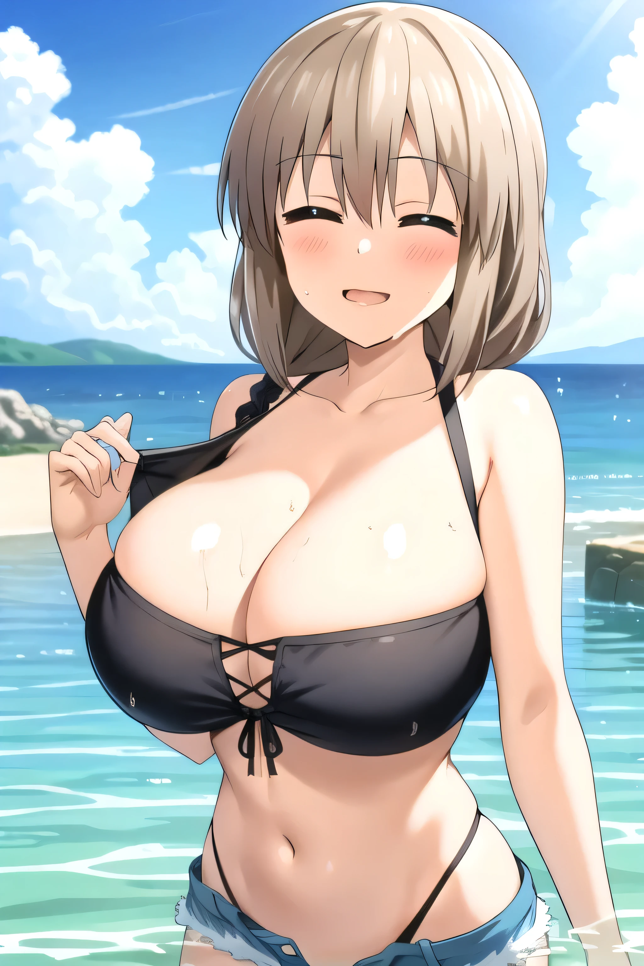 masterpiece, highres, TsukiUzakiR4, closed eyes, upper body, close-up, ocean scenery, beach, mini shorts, low waist shorts, unzipped shorts, panty line showing, blue bikini top, bikini top, bikini, bare shoulders, slim stomach, cleavage, wet, flirty smile, blushing (big tits) big breasts, huge breasts, standing in water, cute smile, looking at viewer, full frame, body in frame, in frame