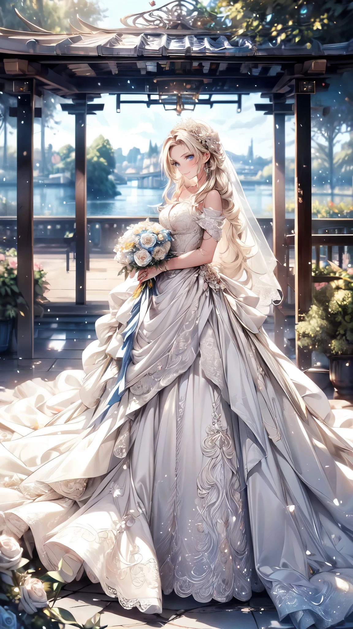 (masterpiece, best quality, beautiful and aesthetic:1.3), looking at viewer, 1girl, solo, light smile, (makeup, long hair, light beige hair, blue eyes:1.2), Octane Render, bridal veil, lace-trimmed dress, see-through, wedding dress, outdoors, white roses, garden, morning, standing, extreme detailed, 
