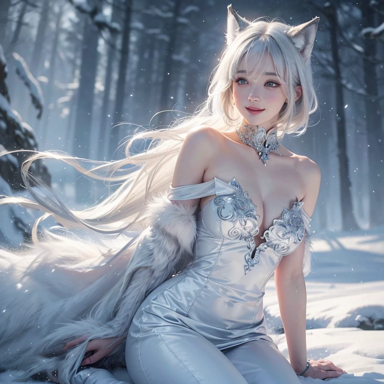 snowing mountain、white wolf、 ((highest quality、masterpiece、8k、best image quality、ultra high resolution、Award-winning work)、(accurate anatomy:1.1)、(look at me and smile:1.1)、Shining fair skin with ultra high resolution、most detailed face、ultra high resolution detailed face、white short hair flowing 、Beautiful face drawn in every detail、(blurred background:1.1)、fully covered fur base costume , real wolf beside the girl