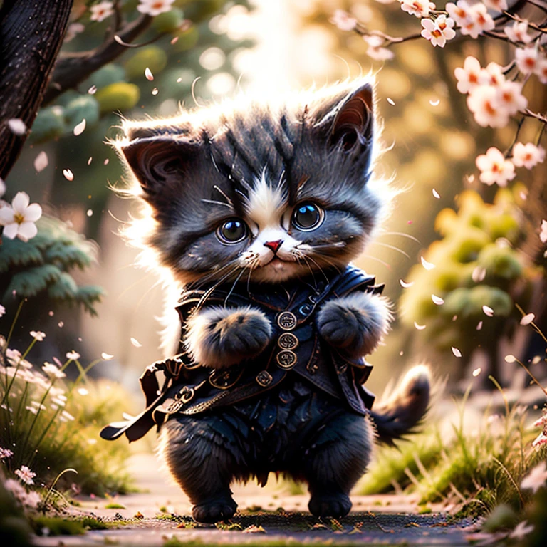 highest quality,Very detailed,Realistic,photoRealistic:1.37),White uniformを着た毛むくじゃらのBlack cat,Adorable,soft,fuzzy,Playful,Expressive blue eyes,small, rounded body,Small feet、Doing Tai Chi,Vibrant colors,Warm lighting,、Black cat、black cat、Are standing、blue skyの背景、White uniform、White uniform、blue sky、Surprised、