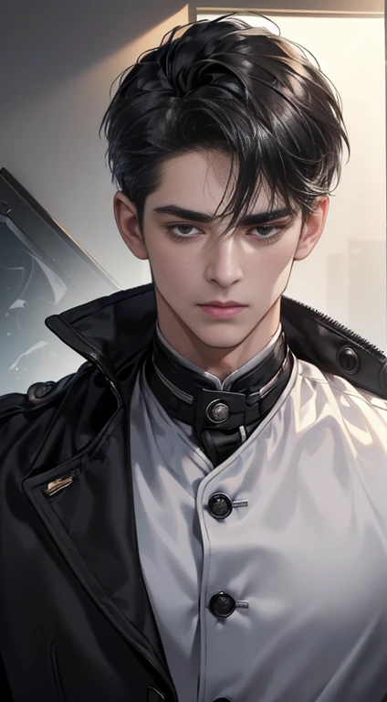 (best quality, masterpiece, 8 thousand, realistic, cinematic lighting, 1:4 HDR images, very detailed, beautiful photoature man, very handsome, ((cold expression)), black short hair, black eye, A perfect face without any mistakes, ((Buttoning my jacket, chief executive))