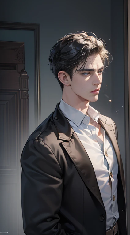 (best quality, masterpiece, 8 thousand, realistic, cinematic lighting, 1:4 HDR images, very detailed, beautiful photoature man, very handsome, ((cold expression)), black short hair, black eye, A perfect face without any mistakes, ((Buttoning my jacket, chief executive))