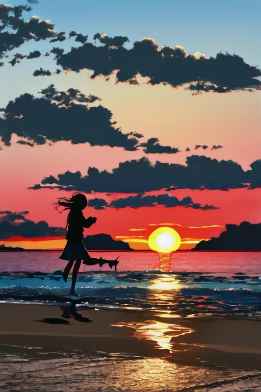 The light of the setting sun reflects fantastically from the seaside and scatters、Flying lights,Dog walking silhouette