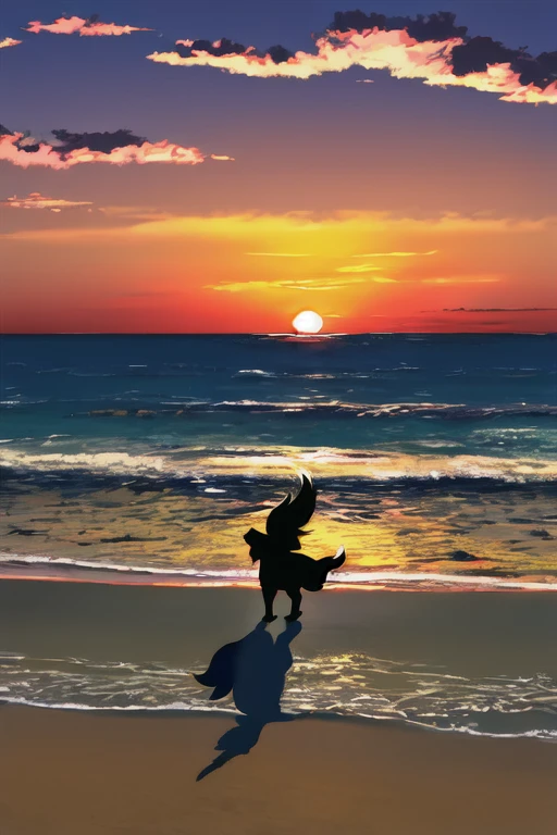 The light of the setting sun reflects fantastically from the seaside and scatters、Flying lights,Dog walking silhouette