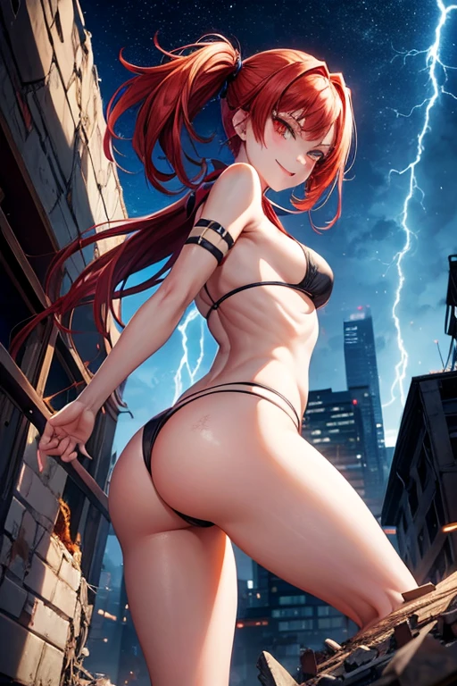 Draw Jessie, an anime-style female character. straight red hair, thin red eyebrows, burning eyes, with a mouth open in a sarcastic smile. small and firm breasts, thin waist, big ass, athletic body. Sexy naughty ice angel armor. open arms with ice crystals in sexy battle position. injuries all over her body. It is on top of the rubble of war-torn buildings. night sky with strong lightning. seen from the bottom up showing her entire pussy. big with an incredible thong within the limits of sensitivity.