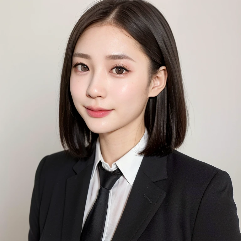 (kawaii 24 year-old Japanese girl, Nogizaka idol, Korean idol), (glossy hair, very short hair, forehead:1.3), (beautiful black eyes, rounded face, single eyelid, no makeup, soft smiling:1.2), (wearing suit jacket, collared shirt, necktie:1.3), (extra small breasts:0.9), (looking at camera:1.3), BREAK, (simple white background, summer daylight:1.3), (dynamic angle, bust shot:1.3), BREAK, (masterpiece, best quality, photo realistic, official art:1.4), (UHD, 8K quality wallpaper, high resolution, raw photo, golden ratio:1.3), (shiny skin), professional lighting, physically based rendering, award winning, (highly detailed skin, extremely detailed face and eyes), Carl Zeiss 85 mm F/1.4, depth of field, 1girl, solo,