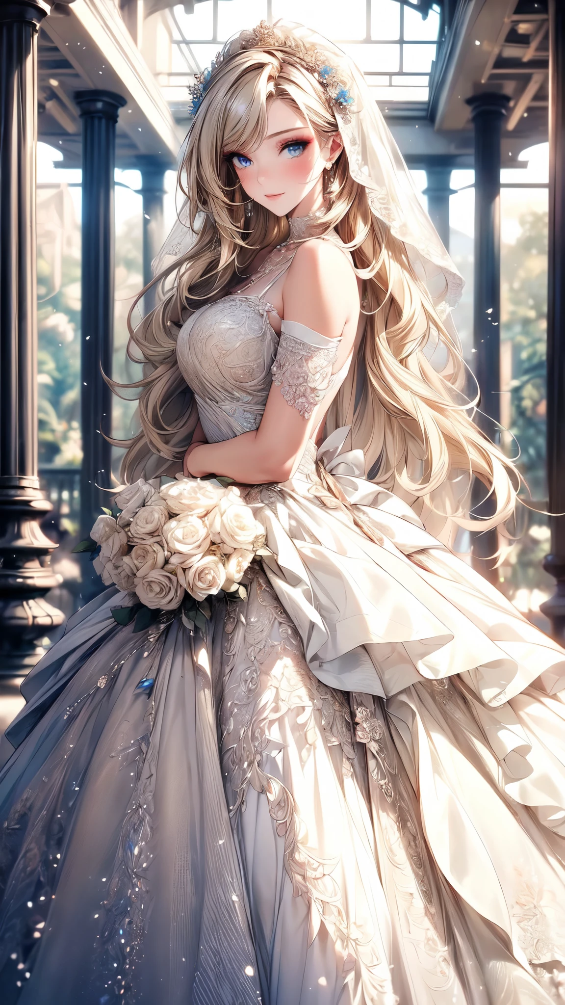 (masterpiece, best quality, beautiful and aesthetic:1.3), looking at viewer, 1girl, solo, light smile, (makeup, long hair, light beige hair, blue eyes:1.2), Octane Render, bridal veil, lace-trimmed dress, see-through, wedding dress, outdoors, white roses, garden, morning, standing, extreme detailed,