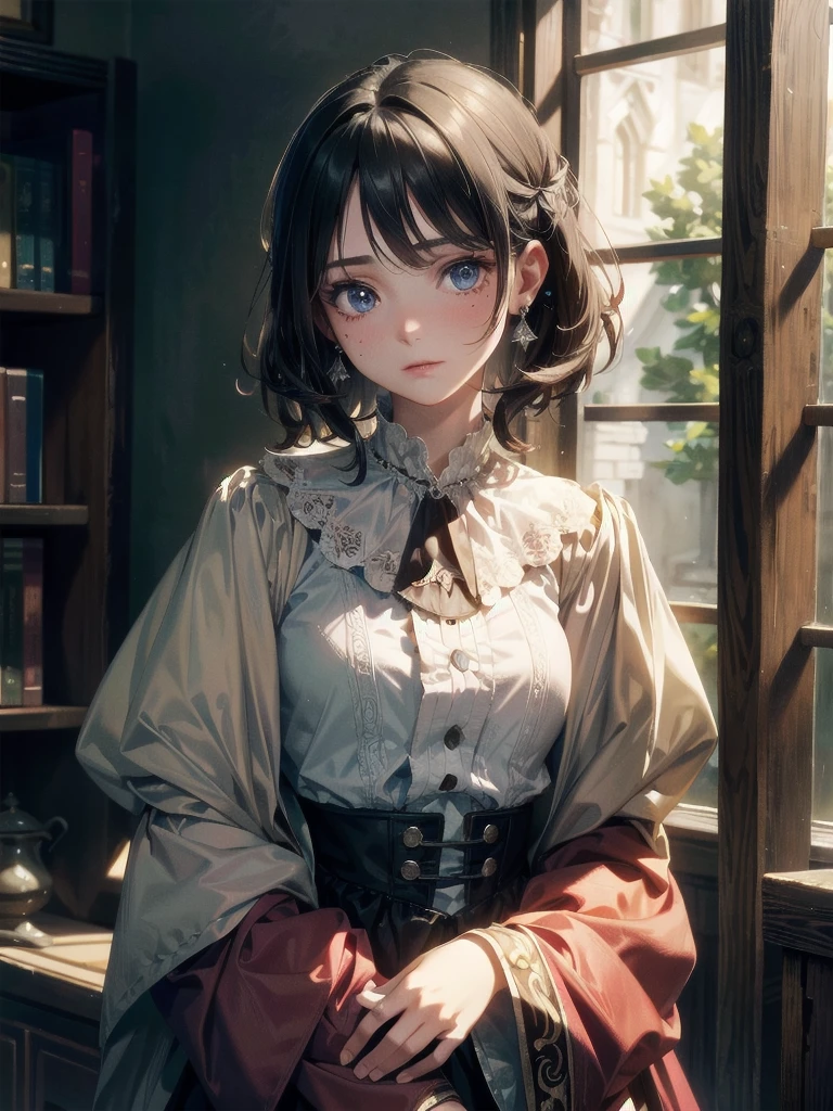 cowboy shot, surcoat, absurdres, RAW photo, extremely delicate and beautiful, masterpiece, Best Quality, ultra high resolution, 32k, hyperrealistic, ultra-detailed, tearful mole, earring, short medium hair, wavy hair,