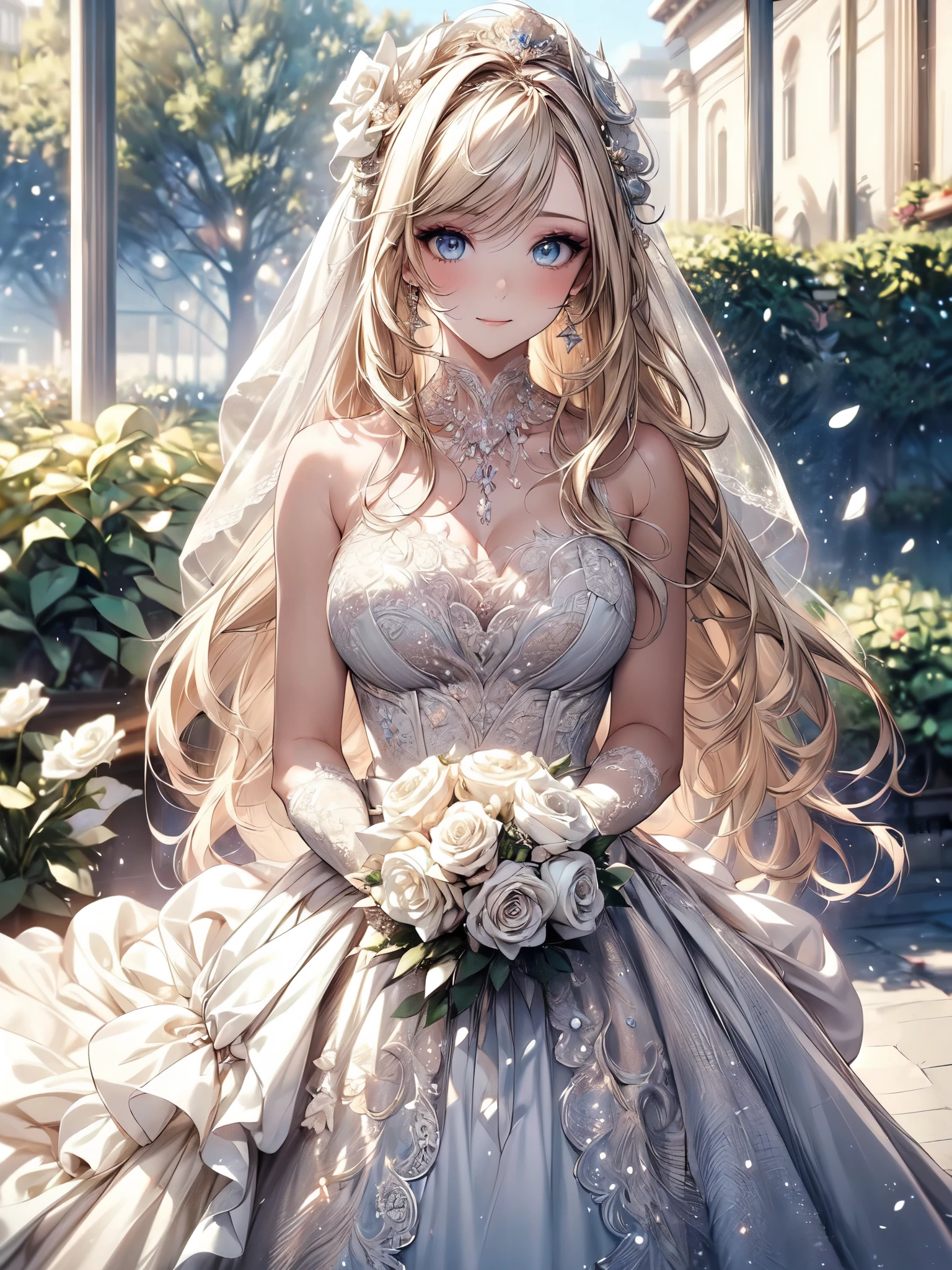 (masterpiece, best quality, beautiful and aesthetic:1.3), looking at viewer, 1girl, solo, light smile, (makeup, long hair, light beige hair, blue eyes:1.2), Octane Render, bridal veil, lace-trimmed dress, see-through, wedding dress, outdoors, white roses, garden, morning, standing, extreme detailed,