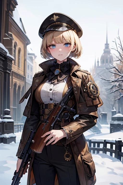 Ultra-detailed, master_piece, Top_quality, 1_beautiful_girl, 16years_old, (shooting_rifle:1.5), blonde_bob_cut_hair, bangs, Very_beautiful_face, very_beautiful_large_eyes, even_eyes, (Highly decorative and complex mechanical steampunk fashion、Garrison_Cap, goggles 1.5, ruins, snow),